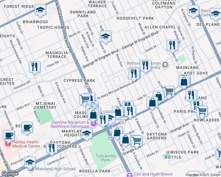 map of restaurants, bars, coffee shops, grocery stores, and more near in Daytona Beach