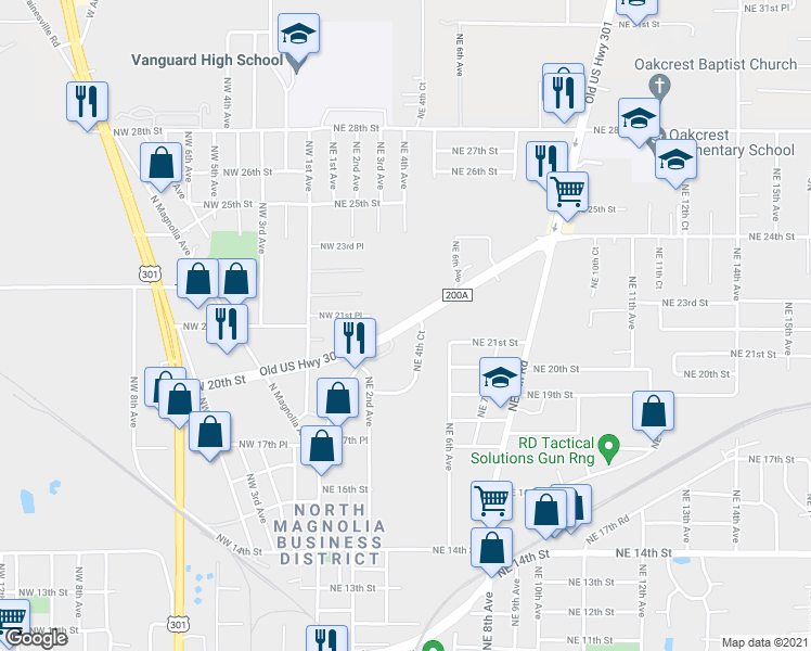 map of restaurants, bars, coffee shops, grocery stores, and more near 1345 NE Jacksonville Rd in Ocala