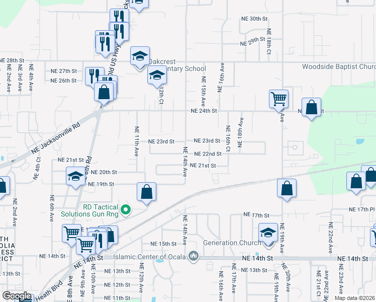 map of restaurants, bars, coffee shops, grocery stores, and more near 1428 Northeast 22nd Street in Ocala