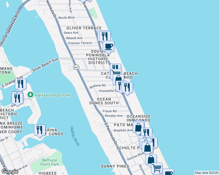 map of restaurants, bars, coffee shops, grocery stores, and more near 424 Poinsettia Road in Daytona Beach