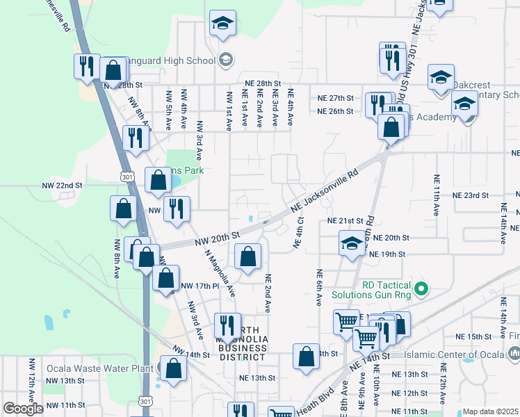 map of restaurants, bars, coffee shops, grocery stores, and more near 805 Northwest 28th Street in Ocala
