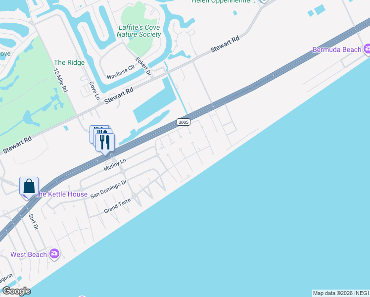map of restaurants, bars, coffee shops, grocery stores, and more near 4122 Ghost Crab Lane in Galveston