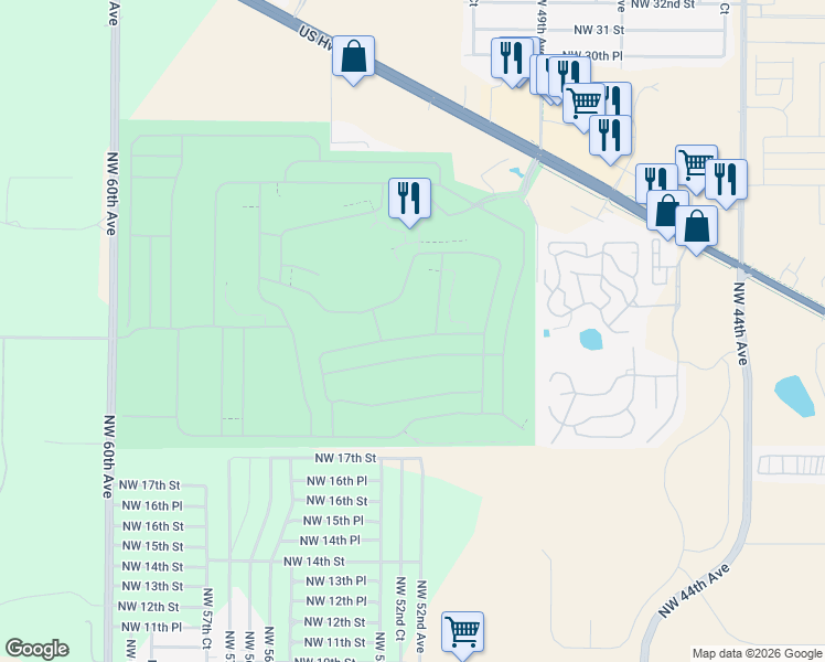 map of restaurants, bars, coffee shops, grocery stores, and more near 5193 Northwest 20th Place in Ocala