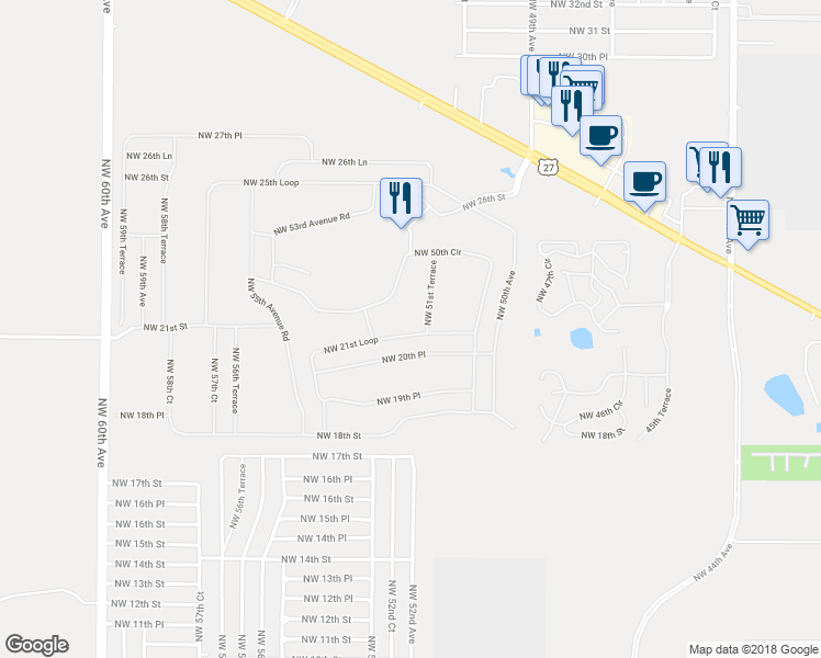 map of restaurants, bars, coffee shops, grocery stores, and more near 5105 Northwest 21st Loop in Ocala