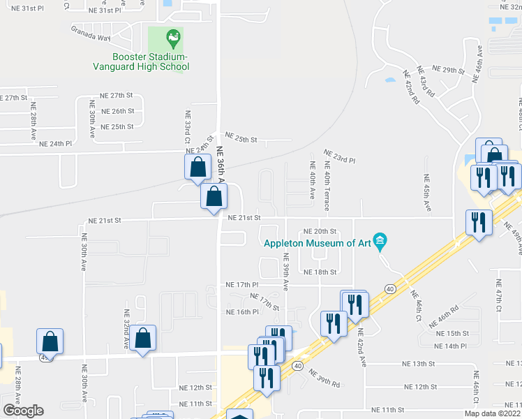 map of restaurants, bars, coffee shops, grocery stores, and more near 2113 Northeast 38th Terrace in Ocala