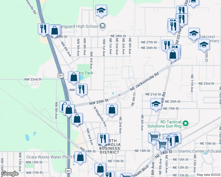 map of restaurants, bars, coffee shops, grocery stores, and more near 805 Northwest 28th Street in Ocala