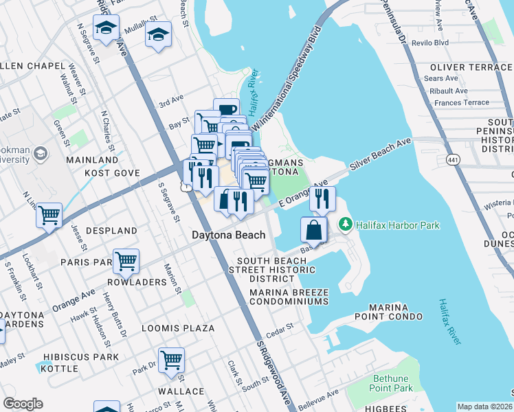 map of restaurants, bars, coffee shops, grocery stores, and more near 252 South Beach Street in Daytona Beach