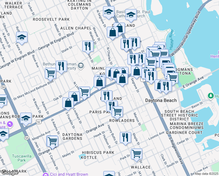 map of restaurants, bars, coffee shops, grocery stores, and more near 551 Foote Court in Daytona Beach