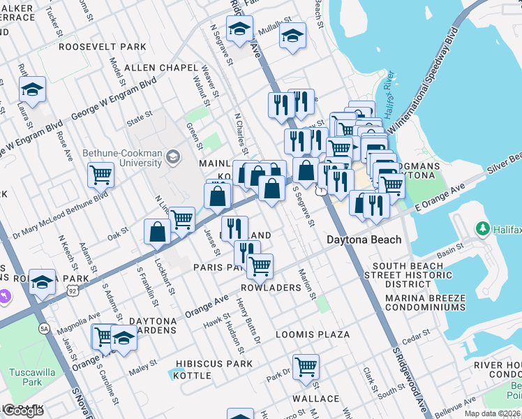 map of restaurants, bars, coffee shops, grocery stores, and more near 526 Magnolia Avenue in Daytona Beach