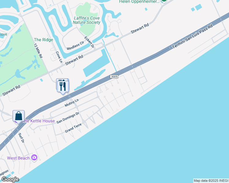 map of restaurants, bars, coffee shops, grocery stores, and more near 4014 Bounty Court in Galveston