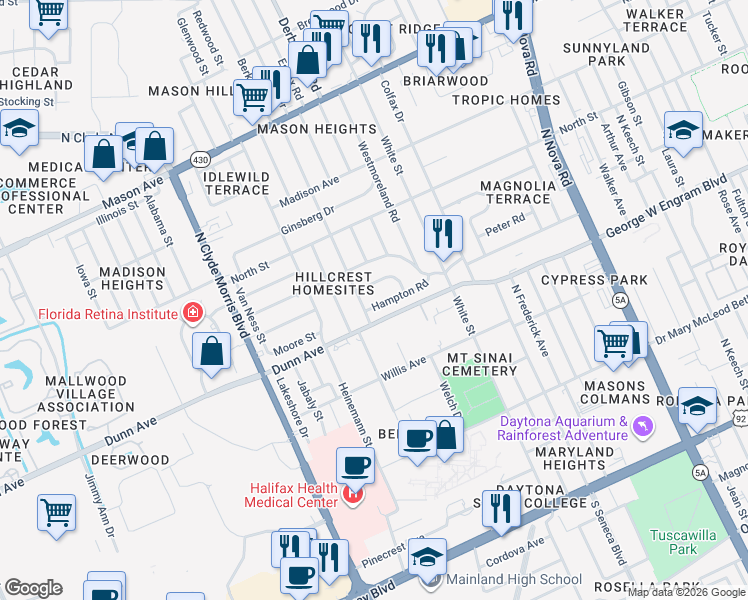 map of restaurants, bars, coffee shops, grocery stores, and more near 1174 Bryn Mawr Drive in Daytona Beach