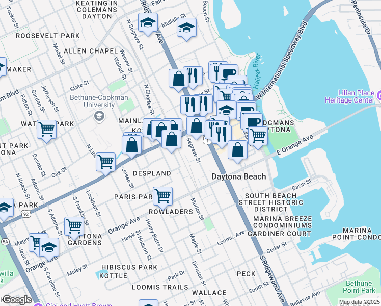 map of restaurants, bars, coffee shops, grocery stores, and more near 120 South Segrave Street in Daytona Beach