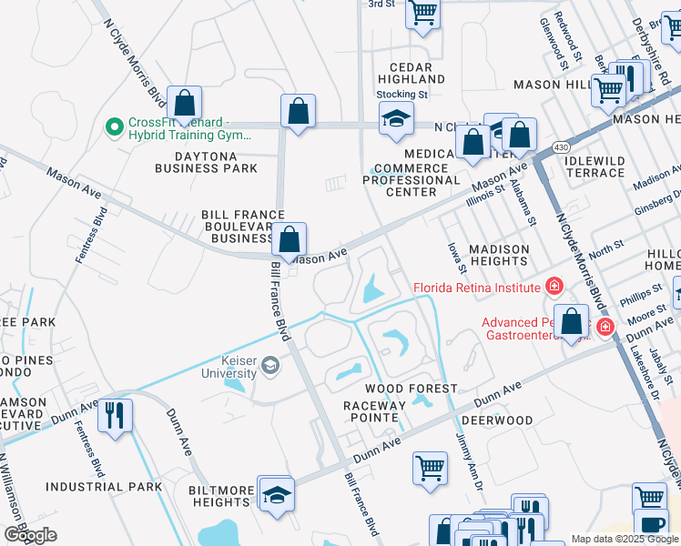 map of restaurants, bars, coffee shops, grocery stores, and more near 1717 Mason Avenue in Daytona Beach