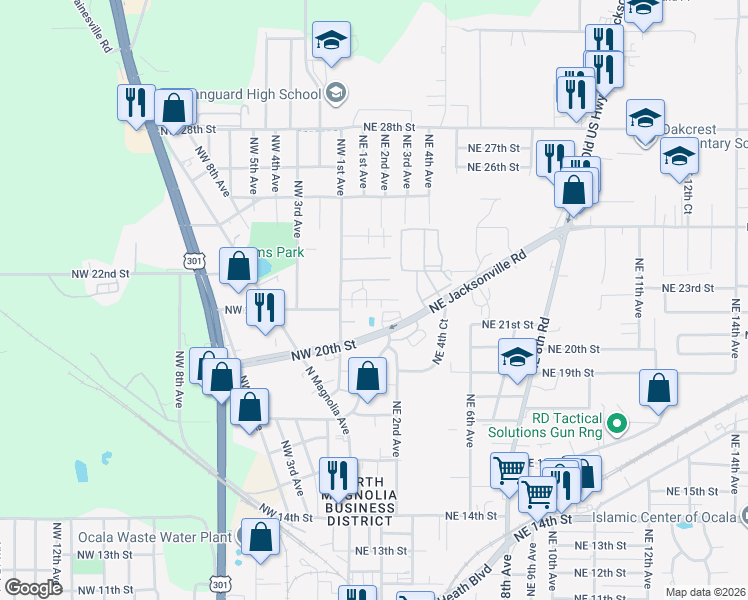 map of restaurants, bars, coffee shops, grocery stores, and more near Northwest 21st Place in Ocala