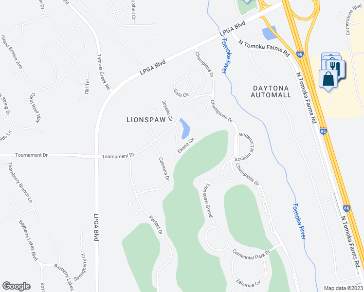 map of restaurants, bars, coffee shops, grocery stores, and more near 133 Hagge Drive in Daytona Beach