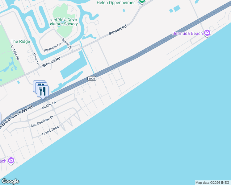 map of restaurants, bars, coffee shops, grocery stores, and more near 4009 11 Mile Road in Galveston