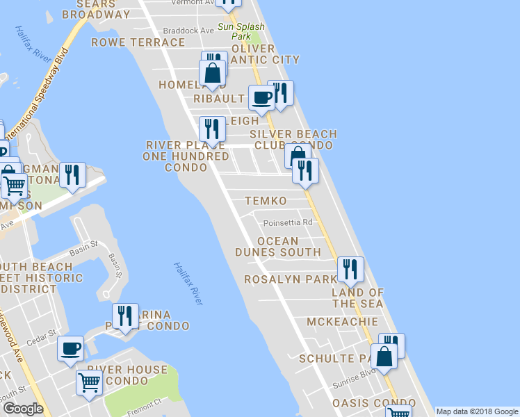 map of restaurants, bars, coffee shops, grocery stores, and more near 403 Wisteria Road in Daytona Beach