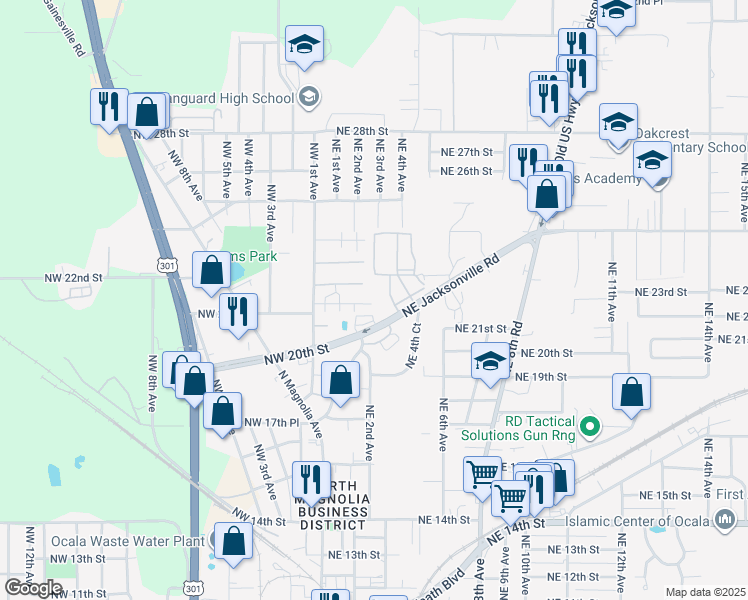 map of restaurants, bars, coffee shops, grocery stores, and more near 1 Parking in Ocala