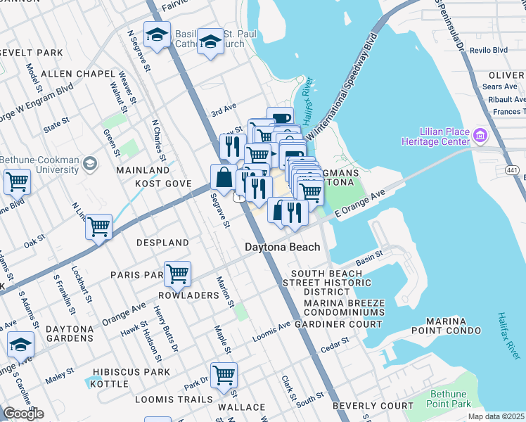 map of restaurants, bars, coffee shops, grocery stores, and more near 214 Magnolia Avenue in Daytona Beach