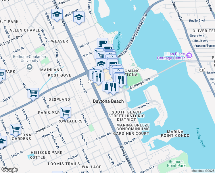 map of restaurants, bars, coffee shops, grocery stores, and more near in Daytona Beach Shores