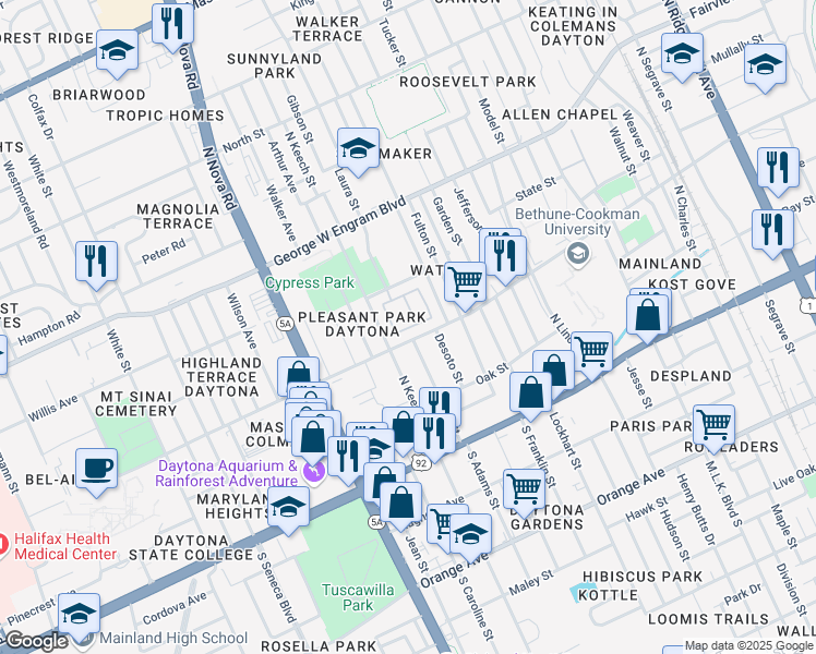 map of restaurants, bars, coffee shops, grocery stores, and more near 132 Rose Marie Byron Drive in Daytona Beach