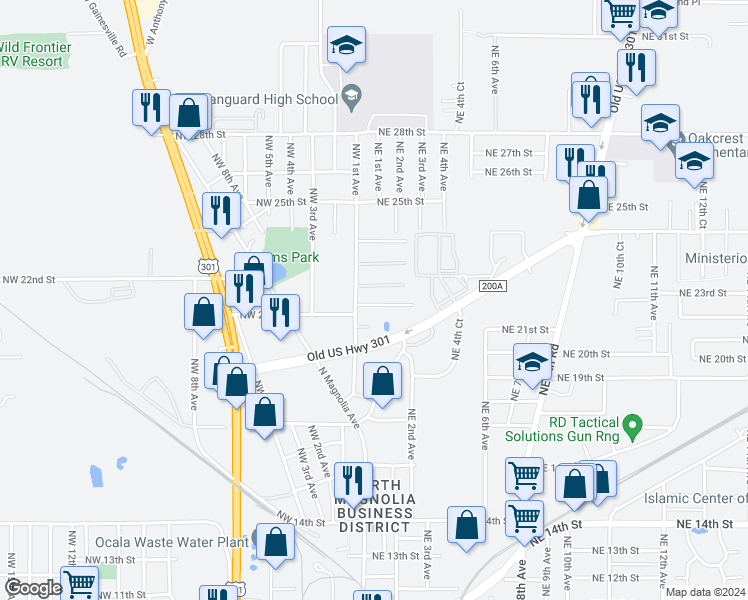 map of restaurants, bars, coffee shops, grocery stores, and more near 57 Northwest 21st Place in Ocala