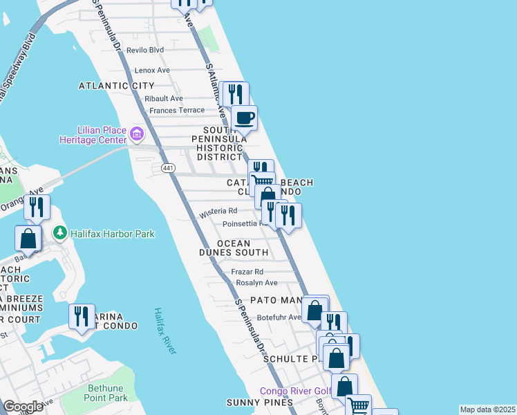 map of restaurants, bars, coffee shops, grocery stores, and more near 615 Wisteria Road in Daytona Beach