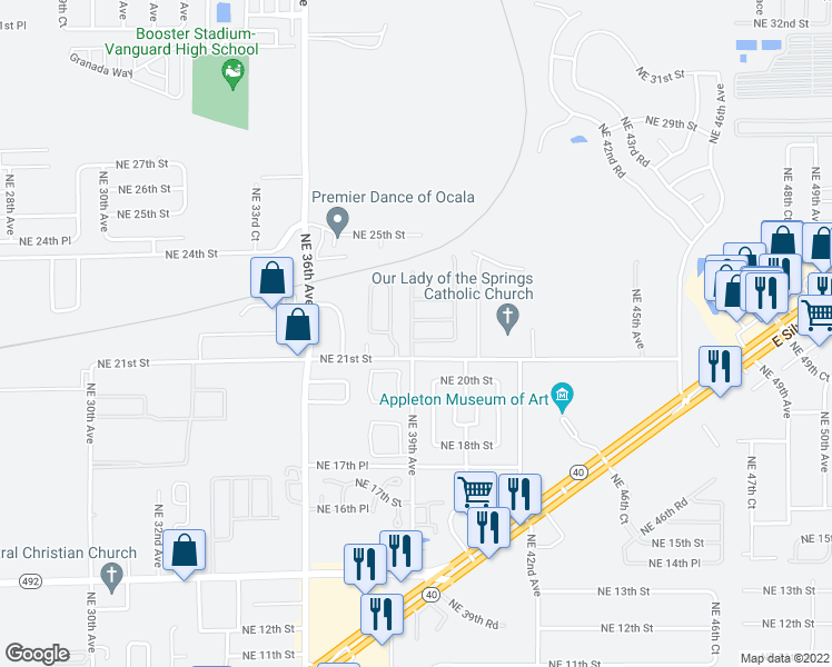 map of restaurants, bars, coffee shops, grocery stores, and more near 3901 Northeast 21st Lane in Ocala