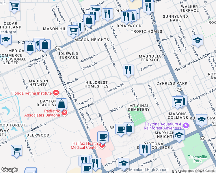 map of restaurants, bars, coffee shops, grocery stores, and more near 1174 Bryn Mawr Drive in Daytona Beach