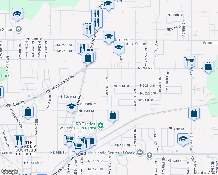 map of restaurants, bars, coffee shops, grocery stores, and more near 1123 Northeast 23rd Street in Ocala