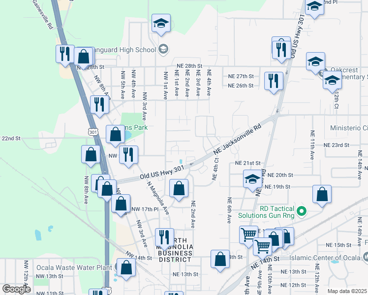 map of restaurants, bars, coffee shops, grocery stores, and more near 52 Northwest 21st Place in Ocala
