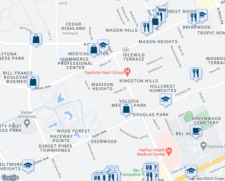 map of restaurants, bars, coffee shops, grocery stores, and more near 708 Georgia Street in Daytona Beach