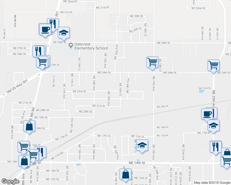 map of restaurants, bars, coffee shops, grocery stores, and more near 1604 Northeast 23rd Street in Ocala