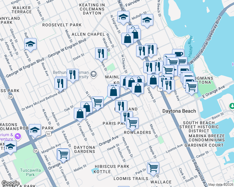 map of restaurants, bars, coffee shops, grocery stores, and more near 126 North Helme Place in Daytona Beach