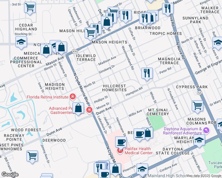 map of restaurants, bars, coffee shops, grocery stores, and more near 556 Fairmount Road in Daytona Beach