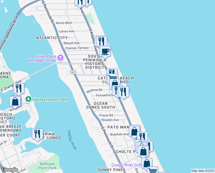 map of restaurants, bars, coffee shops, grocery stores, and more near 19 Temko Terrace in Daytona Beach