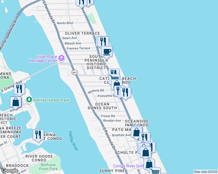 map of restaurants, bars, coffee shops, grocery stores, and more near 19 Temko Terrace in Daytona Beach