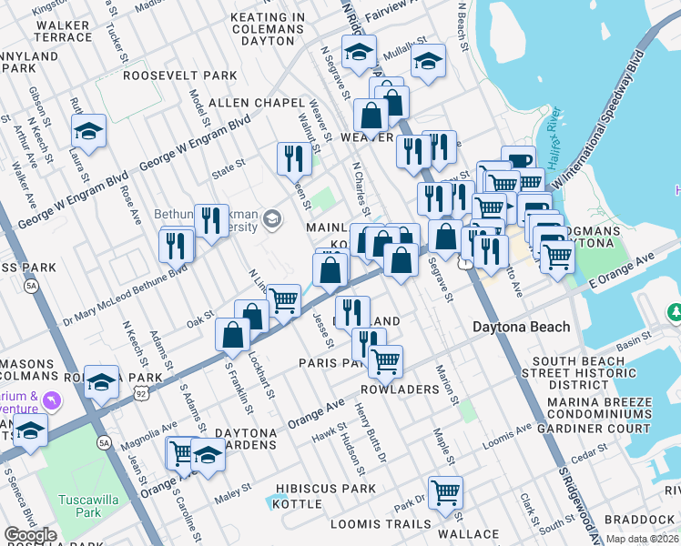 map of restaurants, bars, coffee shops, grocery stores, and more near 126 North Helme Place in Daytona Beach