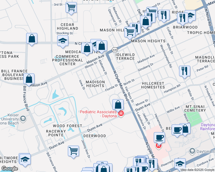 map of restaurants, bars, coffee shops, grocery stores, and more near 712 Alabama Street in Daytona Beach