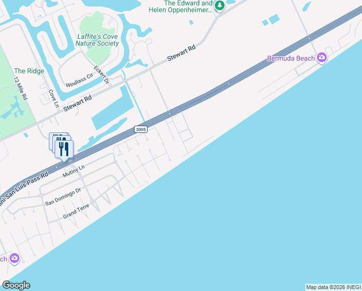 map of restaurants, bars, coffee shops, grocery stores, and more near 4009 11 Mile Road in Galveston