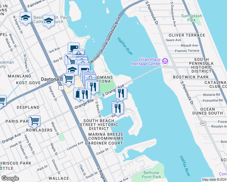 map of restaurants, bars, coffee shops, grocery stores, and more near 108 Orange Avenue in Daytona Beach