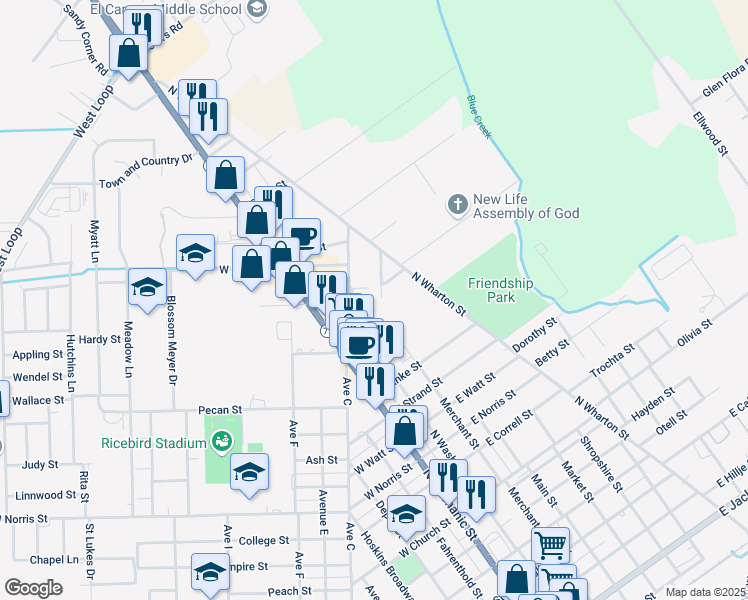 map of restaurants, bars, coffee shops, grocery stores, and more near 1313 Beach Street in El Campo
