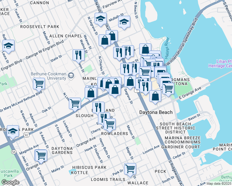 map of restaurants, bars, coffee shops, grocery stores, and more near 501 West International Speedway Boulevard in Daytona Beach