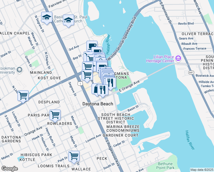 map of restaurants, bars, coffee shops, grocery stores, and more near 226 South Beach Street in Daytona Beach