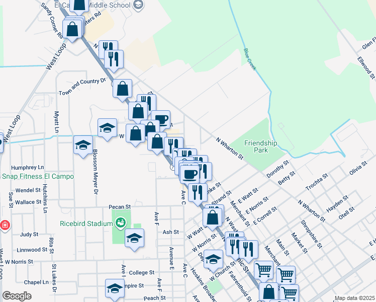 map of restaurants, bars, coffee shops, grocery stores, and more near 1313 Beach Street in El Campo