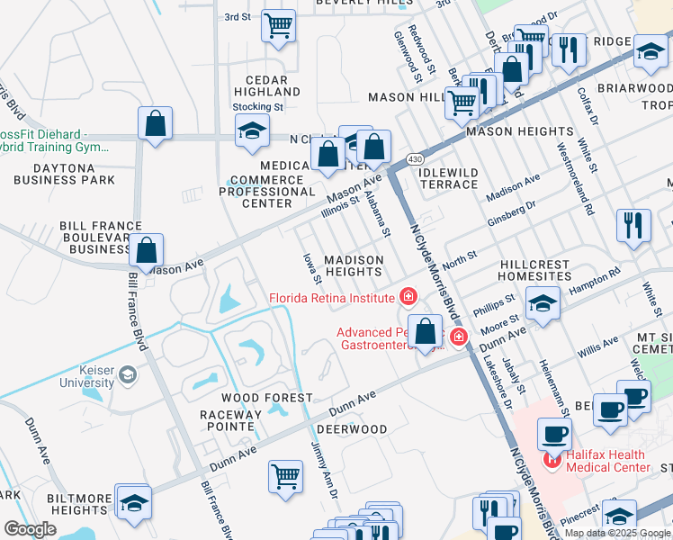 map of restaurants, bars, coffee shops, grocery stores, and more near 735 Indiana Street in Daytona Beach