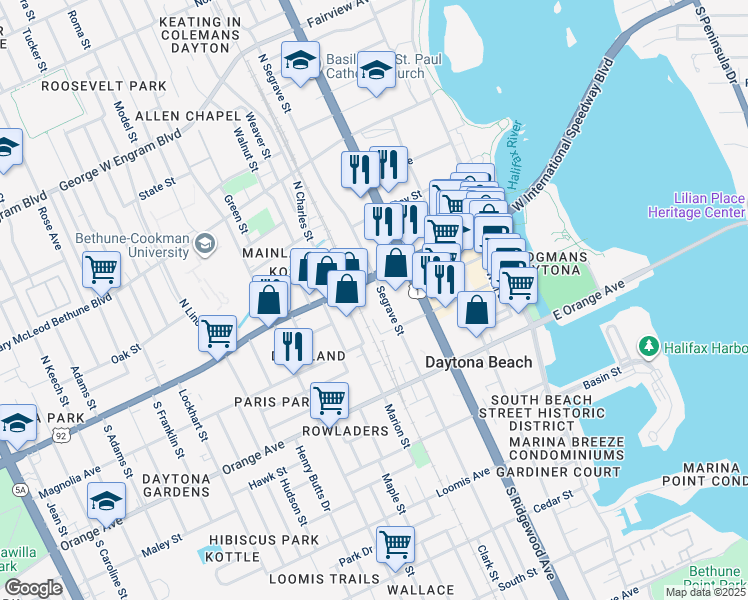 map of restaurants, bars, coffee shops, grocery stores, and more near 120 South Segrave Street in Daytona Beach