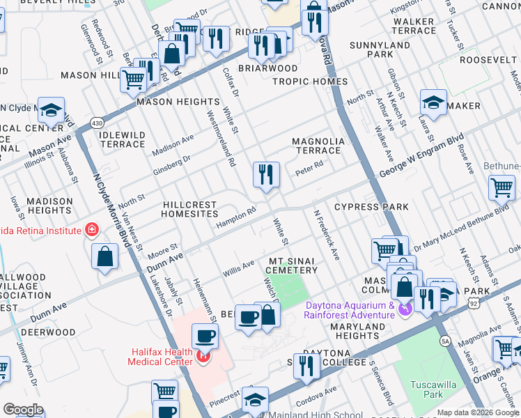 map of restaurants, bars, coffee shops, grocery stores, and more near 1101 Hampton Road in Daytona Beach