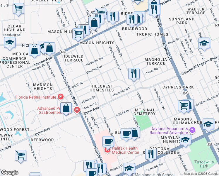 map of restaurants, bars, coffee shops, grocery stores, and more near 1174 Bryn Mawr Drive in Daytona Beach