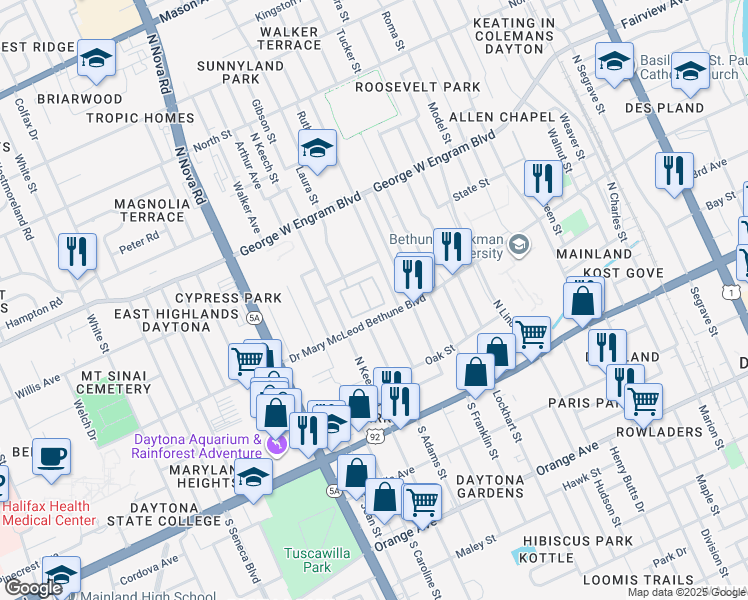 map of restaurants, bars, coffee shops, grocery stores, and more near 125 Rose Marie Byron Drive in Daytona Beach